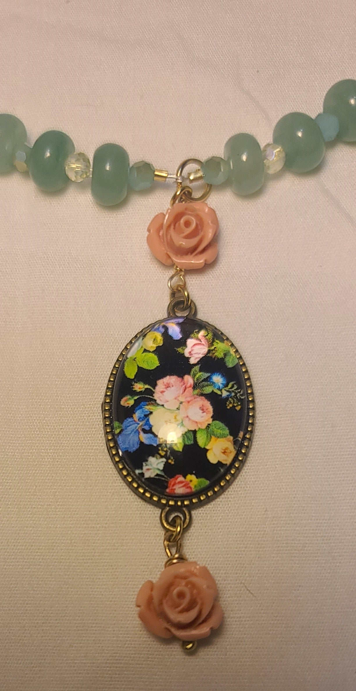 Green Jade & Crystal Necklace with Floral Cabochon