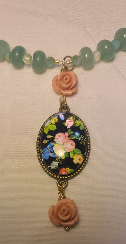 Green Jade & Crystal Necklace with Floral Cabochon