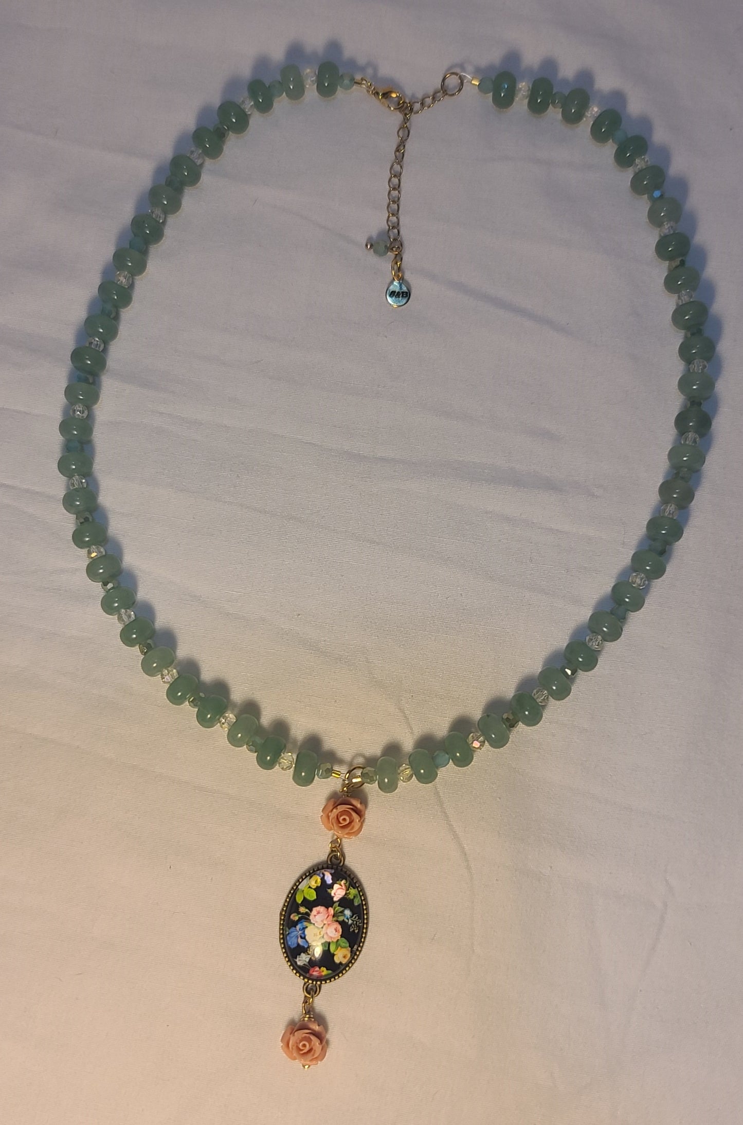Green Jade & Crystal Necklace with Floral Cabochon