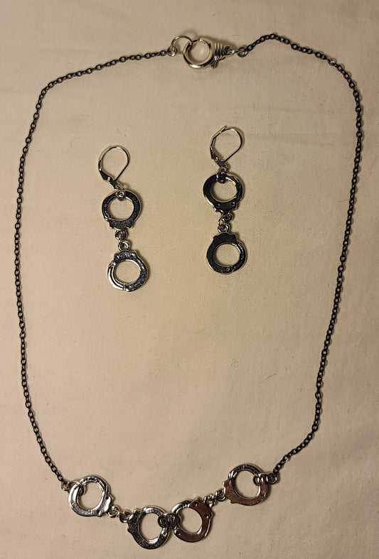 Handcuff Jewelry Set, Rhodium-Plated & Stainless Steel Necklace & Earrings