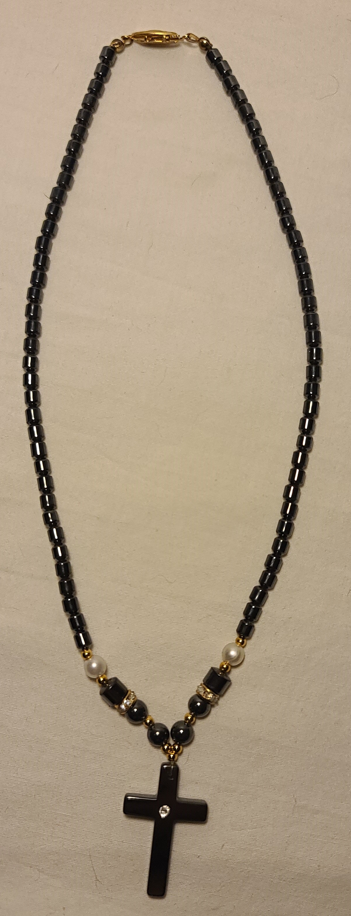 Hematite Cross Necklace with Gold-Tone & Pearl Accents