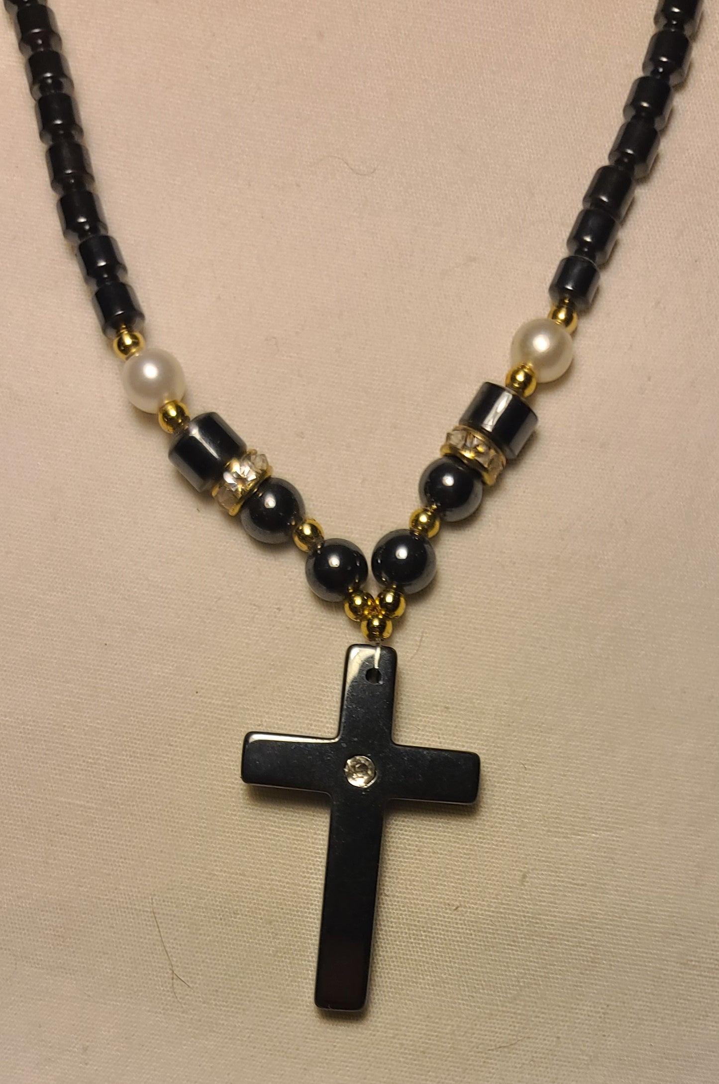 Hematite Cross Necklace with Gold-Tone & Pearl Accents