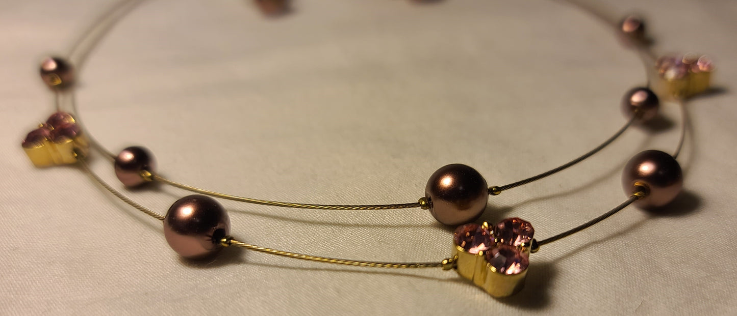 Purple Pearl & Pink Crystal Necklace and Earring Set – Elegant Layered Design