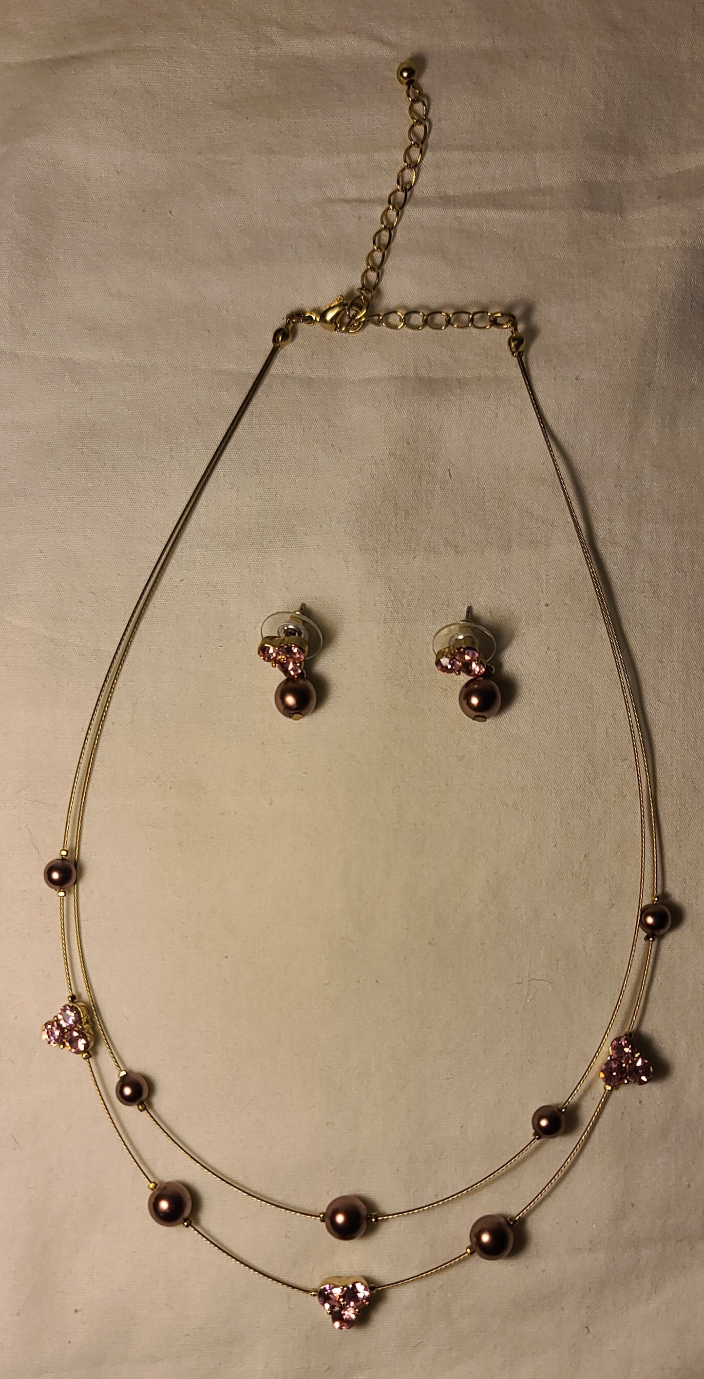 Purple Pearl & Pink Crystal Necklace and Earring Set – Elegant Layered Design