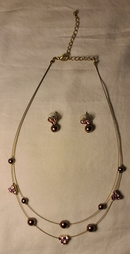 Purple Pearl & Pink Crystal Necklace and Earring Set – Elegant Layered Design