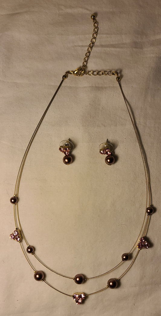 Purple Pearl & Pink Crystal Necklace and Earring Set – Elegant Layered Design