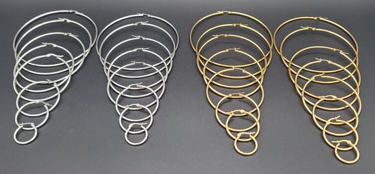 Silver & Gold Stainless Steel Hoop Earring Sets Sizes 20mm (.79 Inch) - 90mm (3.54 Inch) with Saddle Back Closure