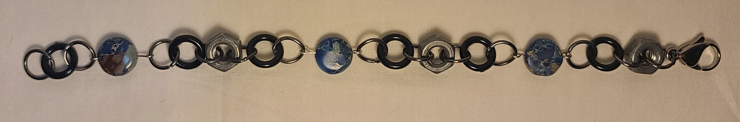 Industrial Galvanized Hex-Nut Bracelet, Blue Dyed Jasper Beads, with Black Rings 8.75"
