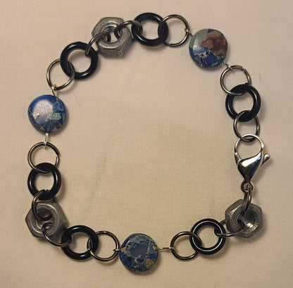 Industrial Galvanized Hex-Nut Bracelet, Blue Dyed Jasper Beads, with Black Rings 8.75"