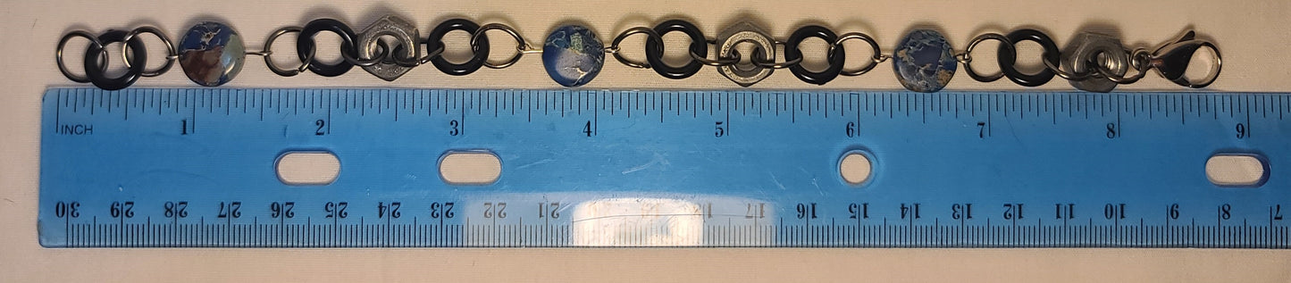 Industrial Galvanized Hex-Nut Bracelet, Blue Dyed Jasper Beads, with Black Rings 8.75"