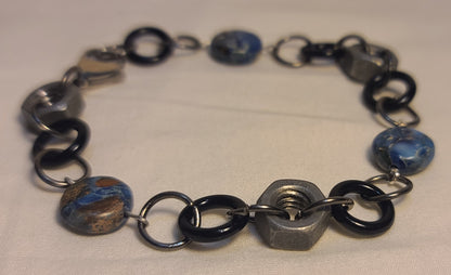 Industrial Galvanized Hex-Nut Bracelet, Blue Dyed Jasper Beads, with Black Rings 8.75"
