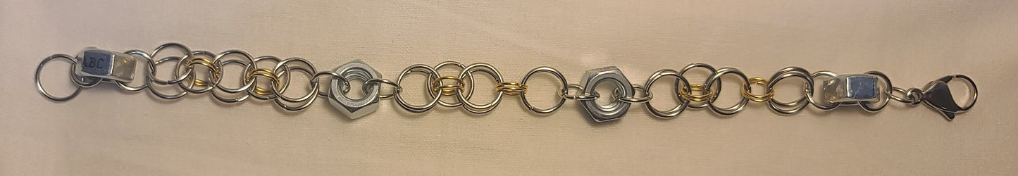 Industrial Zinc Hex Nut with Two-Tone Gold & Silver Stainless Steel Rings Bracelet 9.25" Large