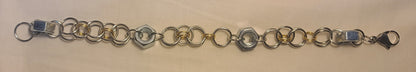 Industrial Zinc Hex Nut with Two-Tone Gold & Silver Stainless Steel Rings Bracelet 9.25" Large