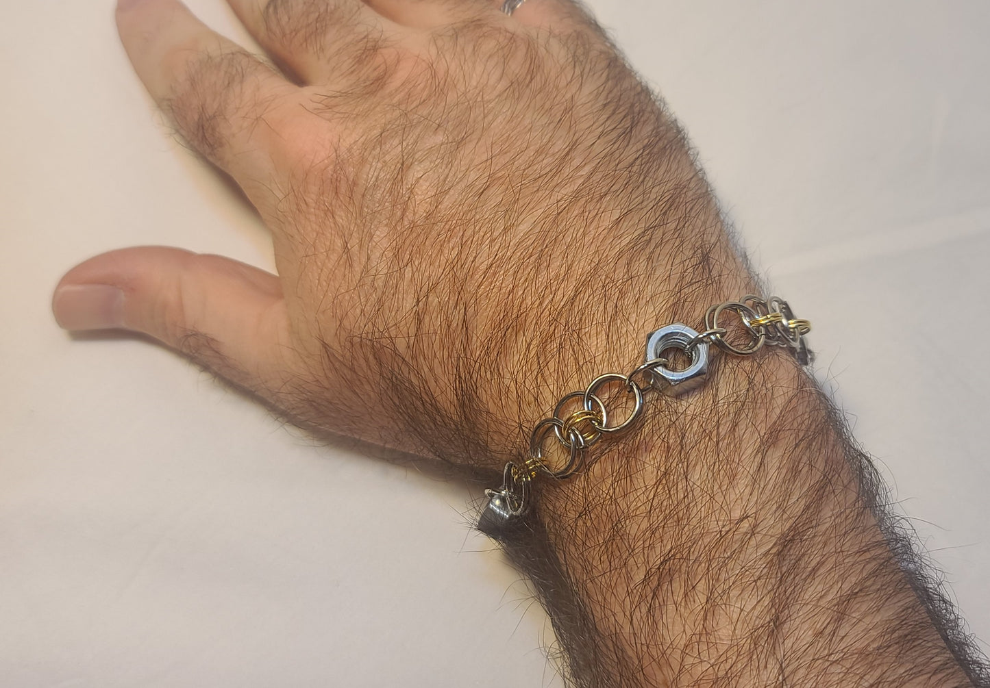 Industrial Zinc Hex Nut with Two-Tone Gold & Silver Stainless Steel Rings Bracelet 9.25" Large