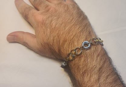 Industrial Zinc Hex Nut with Two-Tone Gold & Silver Stainless Steel Rings Bracelet 9.25" Large