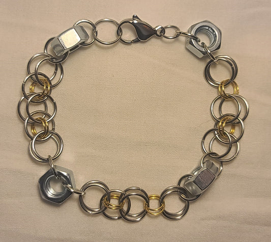 Industrial Zinc Hex Nut with Two-Tone Gold & Silver Stainless Steel Rings Bracelet 9.25" Large