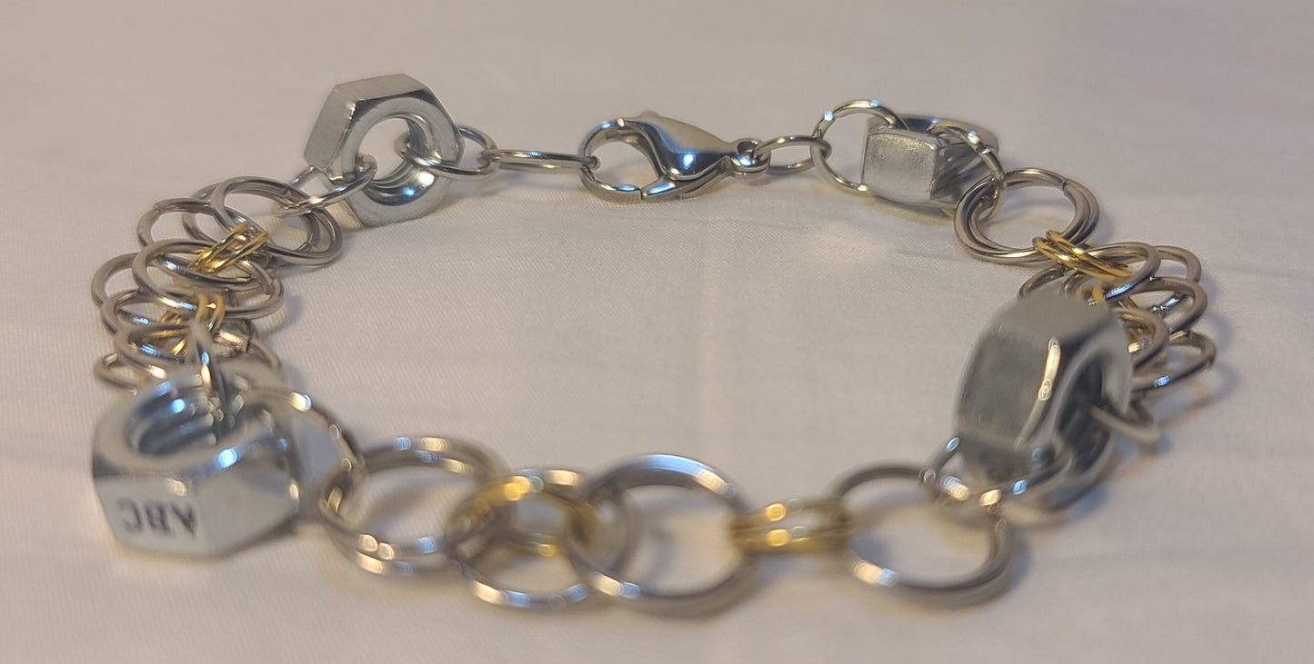 Industrial Zinc Hex Nut with Two-Tone Gold & Silver Stainless Steel Rings Bracelet 9.25" Large