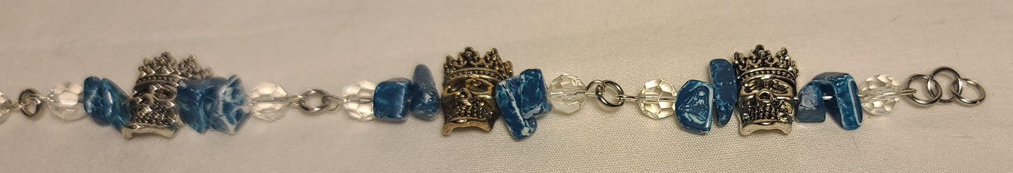 Unique Pewter Skull Bracelet with Dyed Blue Agate and Clear Beads