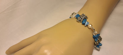 Unique Pewter Skull Bracelet with Dyed Blue Agate and Clear Beads