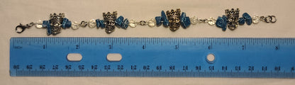 Unique Pewter Skull Bracelet with Dyed Blue Agate and Clear Beads