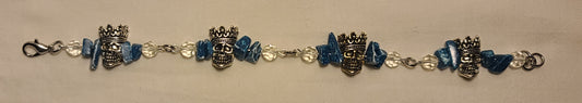 Unique Pewter Skull Bracelet with Dyed Blue Agate and Clear Beads