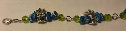 Unique Pewter Skull Bracelet with Blue Dyed Agate and Green Beads