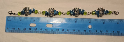 Unique Pewter Skull Bracelet with Blue Dyed Agate and Green Beads