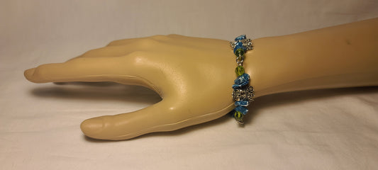 Unique Pewter Skull Bracelet with Blue Dyed Agate and Green Beads