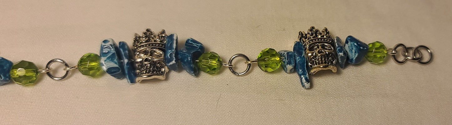 Unique Pewter Skull Bracelet with Blue Dyed Agate and Green Beads