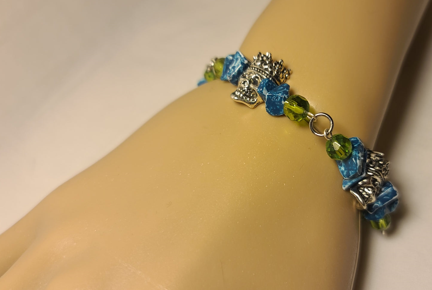 Unique Pewter Skull Bracelet with Blue Dyed Agate and Green Beads