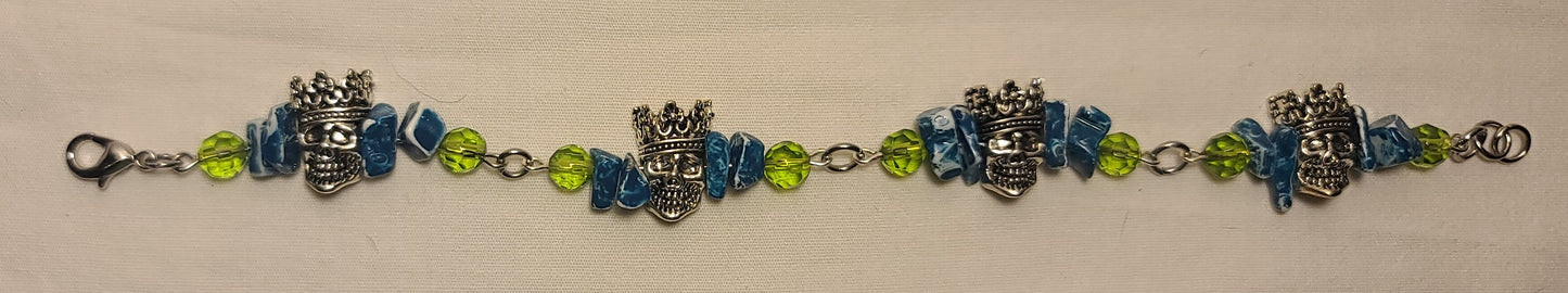 Unique Pewter Skull Bracelet with Blue Dyed Agate and Green Beads