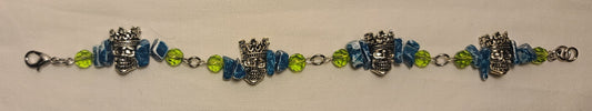 Unique Pewter Skull Bracelet with Blue Dyed Agate and Green Beads