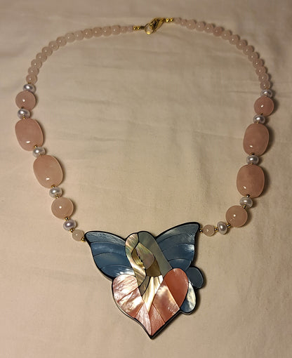 Lee Sands Pink Quartz with Mother of Pearl Angel Pendant Necklace