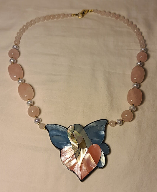 Lee Sands Pink Quartz with Mother of Pearl Angel Pendant Necklace