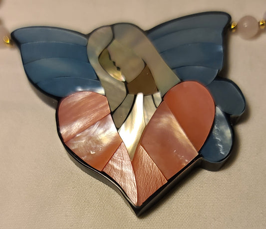 Lee Sands Pink Quartz with Mother of Pearl Angel Pendant Necklace