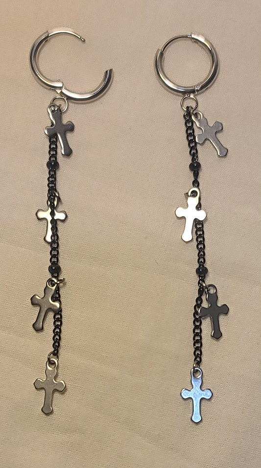 Mini Cross Charms on Black Chain Earrings, Stainless Steel 3.25"