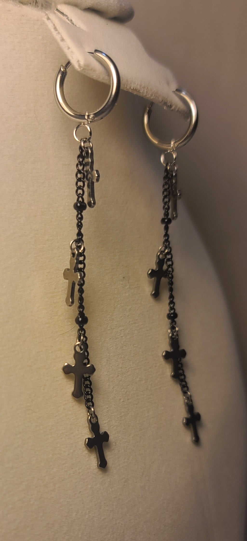 Mini Cross Charms on Black Chain Earrings, Stainless Steel 3.25"
