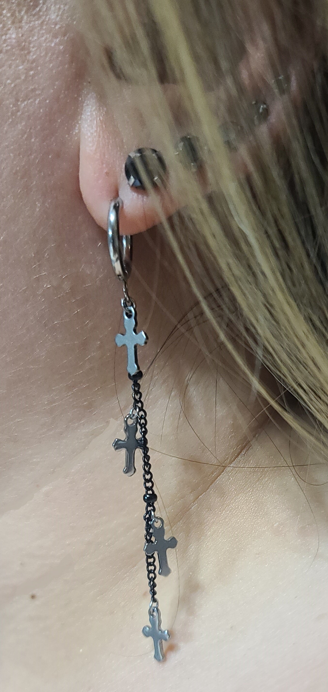 Mini Cross Charms on Black Chain Earrings, Stainless Steel 3.25"