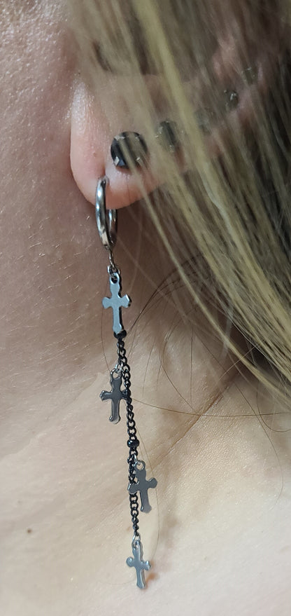 Mini Cross Charms on Black Chain Earrings, Stainless Steel 3.25"