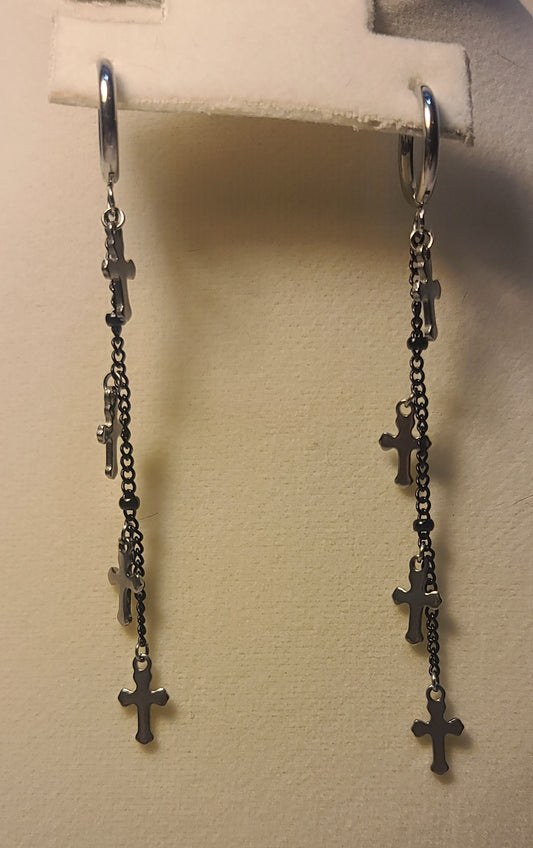 Mini Cross Charms on Black Chain Earrings, Stainless Steel 3.25"