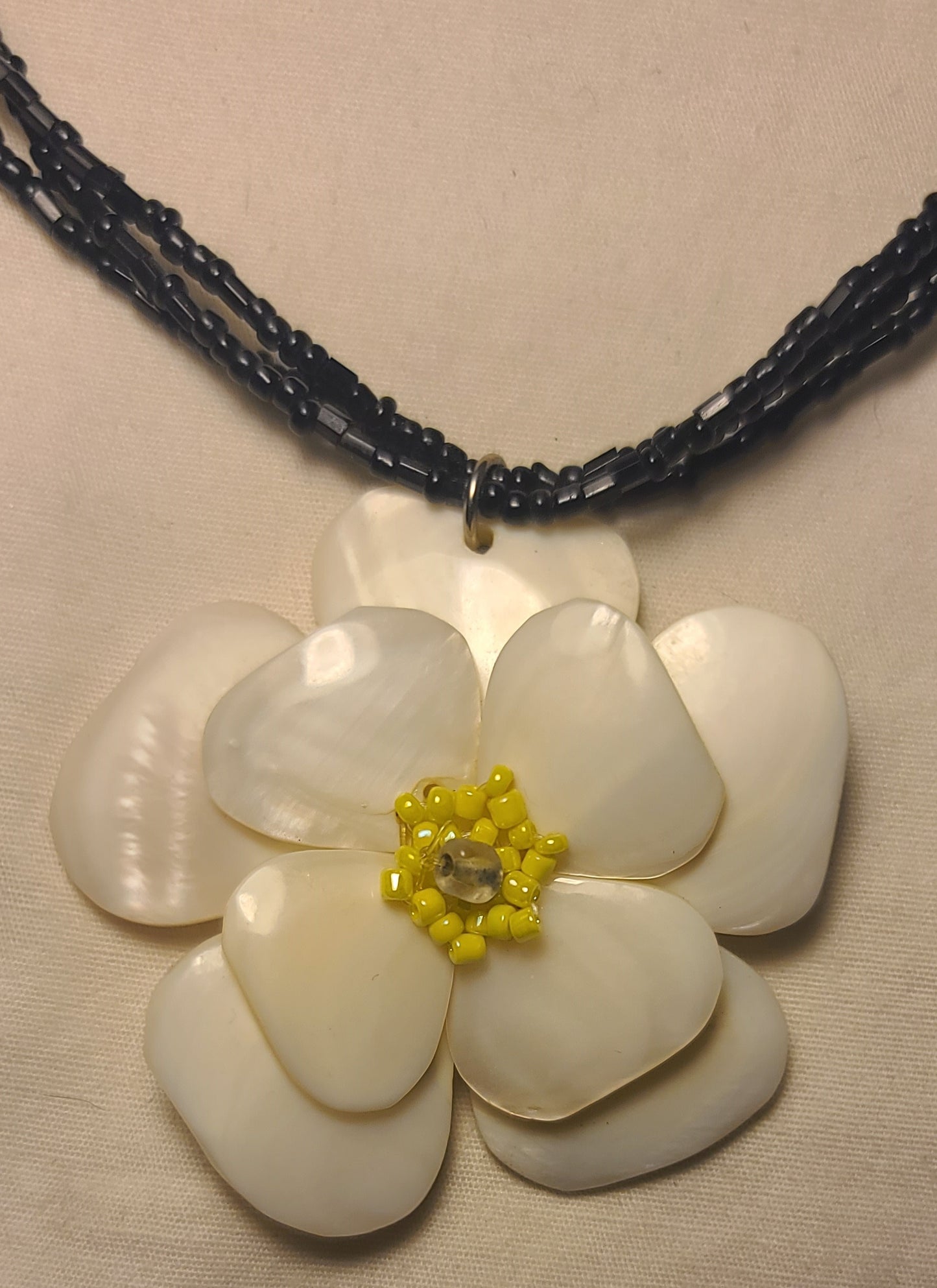 Moonstone Flower Pendant Necklace, 18" 3 Strand Black Beaded Boho Statement