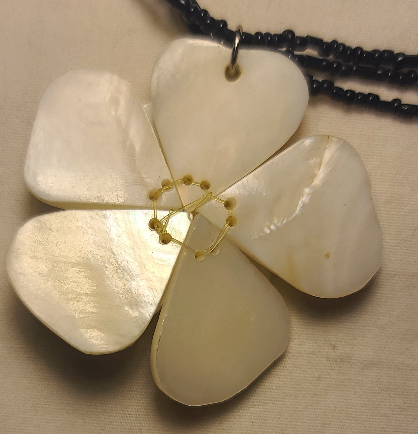 Moonstone Flower Pendant Necklace, 18" 3 Strand Black Beaded Boho Statement