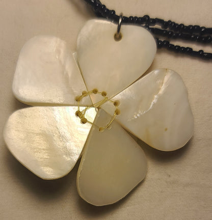 Moonstone Flower Pendant Necklace, 18" 3 Strand Black Beaded Boho Statement