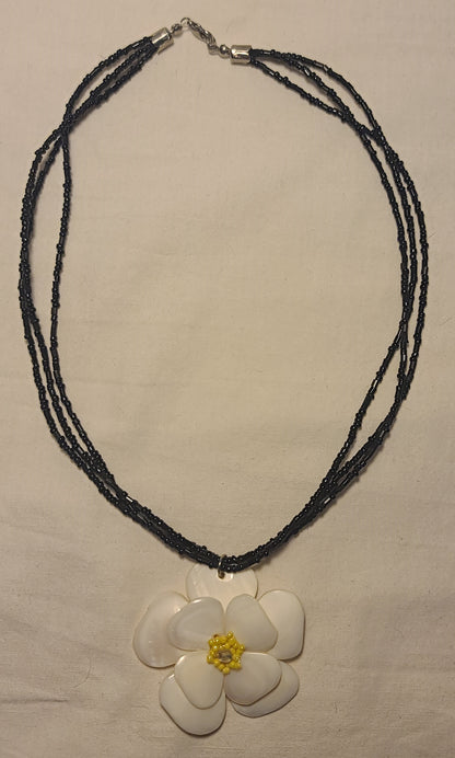 Moonstone Flower Pendant Necklace, 18" 3 Strand Black Beaded Boho Statement
