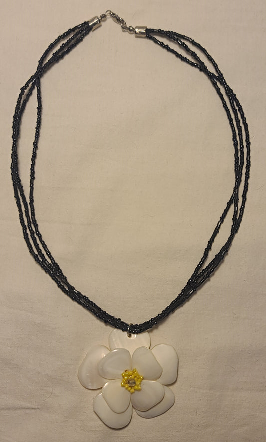 Moonstone Flower Pendant Necklace, 18" 3 Strand Black Beaded Boho Statement