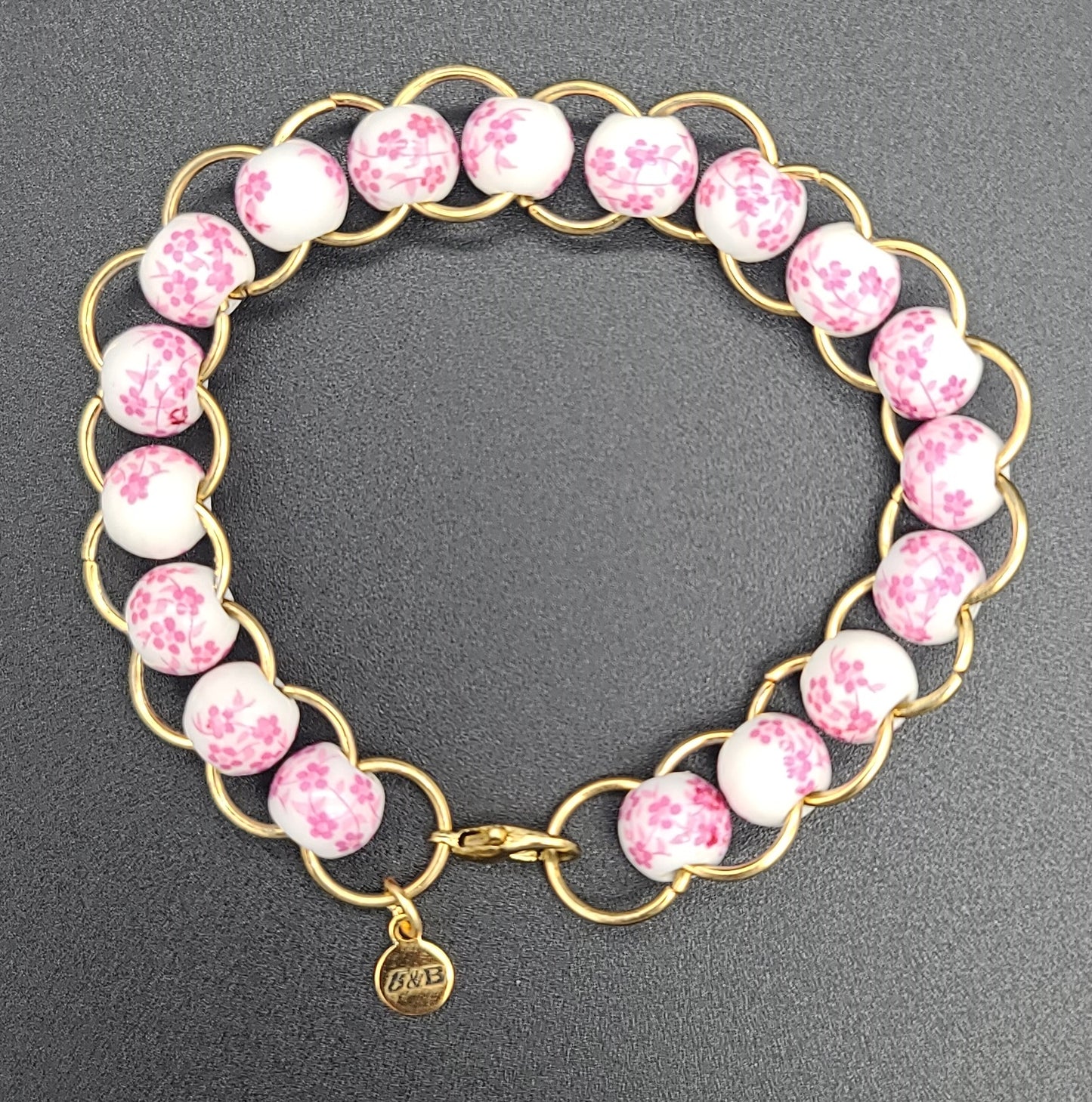 Pink Floral Porcelain & Gold Ring Bracelet 7.5"