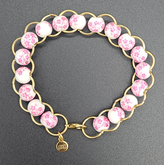 Pink Floral Porcelain & Gold Ring Bracelet 7.5"