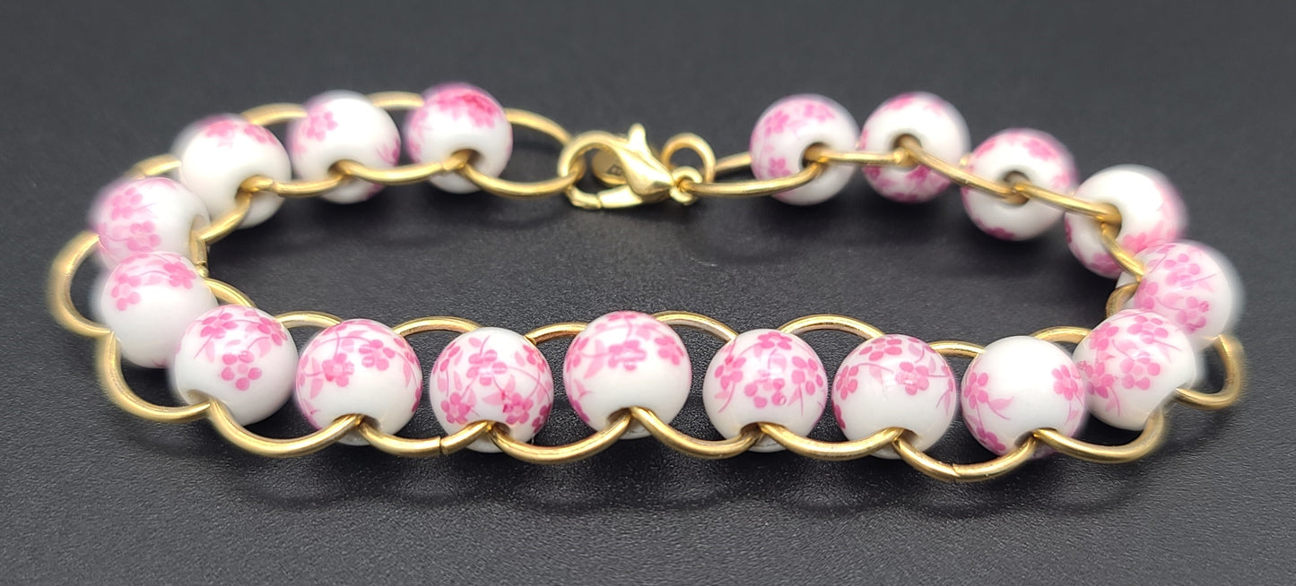 Pink Floral Porcelain & Gold Ring Bracelet 7.5"