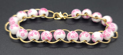 Pink Floral Porcelain & Gold Ring Bracelet 7.5"