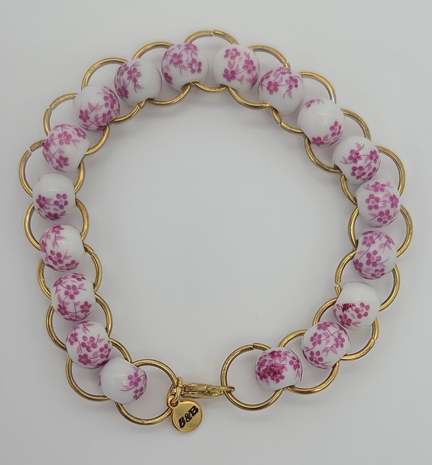 Pink Floral Porcelain & Gold Ring Bracelet 7.5"